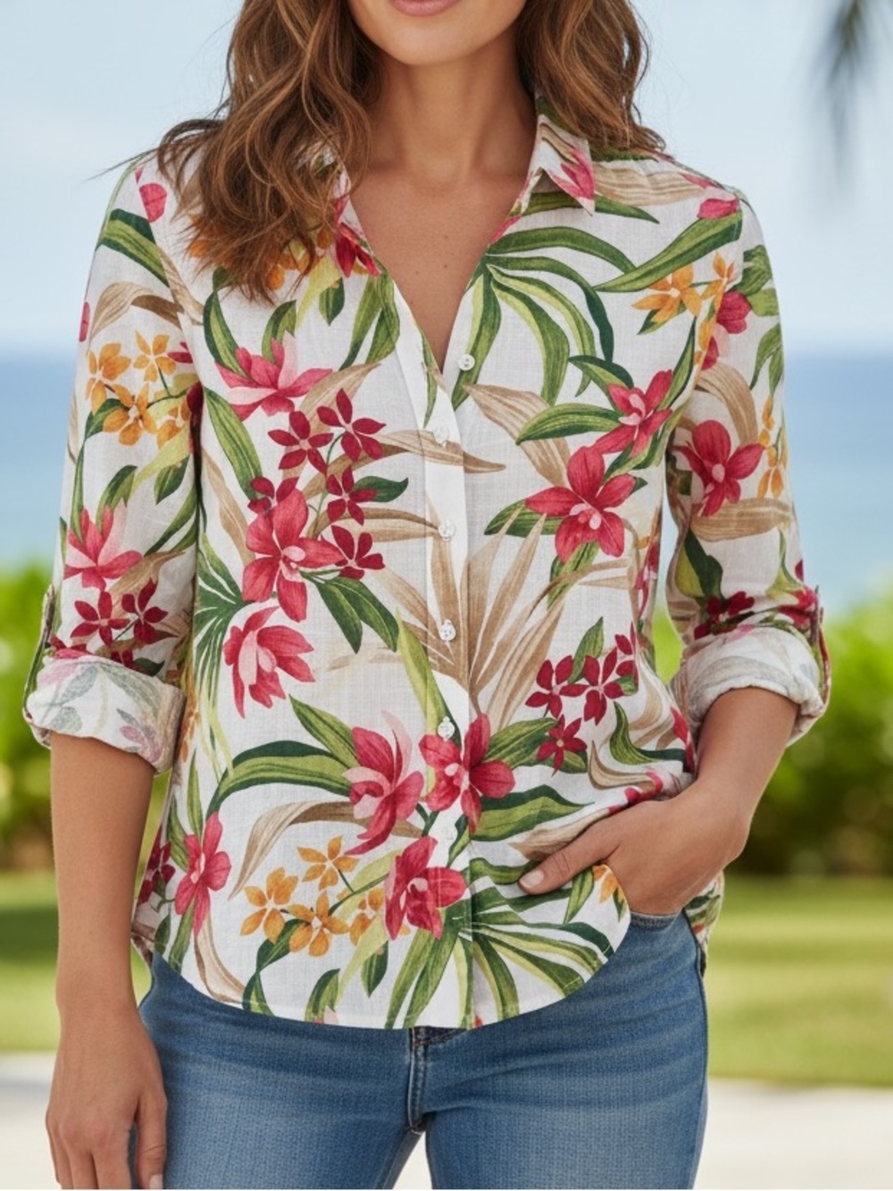 TOMMY BAHAMA 100% LINEN SHIRT. SIZE SMALL. CALLI COVE TROPICAL PRINT LONG SLEEVE